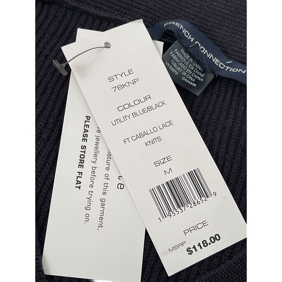 French Connection Caballo Lace Sweater NWT Blue-Black Size M V-Neck Long Sleeve - Picture 9 of 12